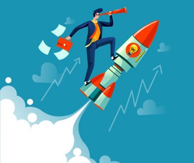 Businessman flying on rocket business concept